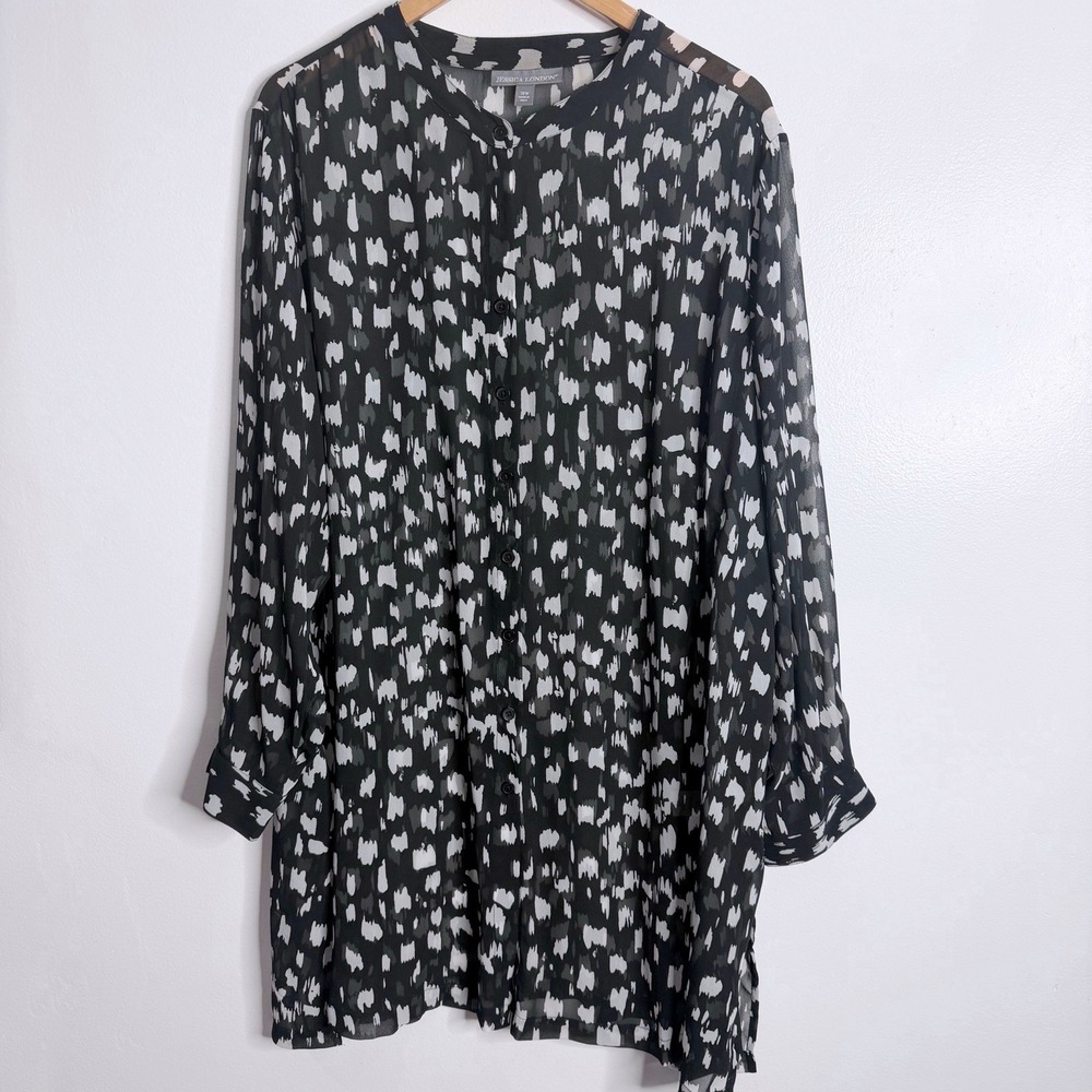 Jessica London Plus 28W Abstract‎ Brushstroke Chiffon Tunic Blouse Black White